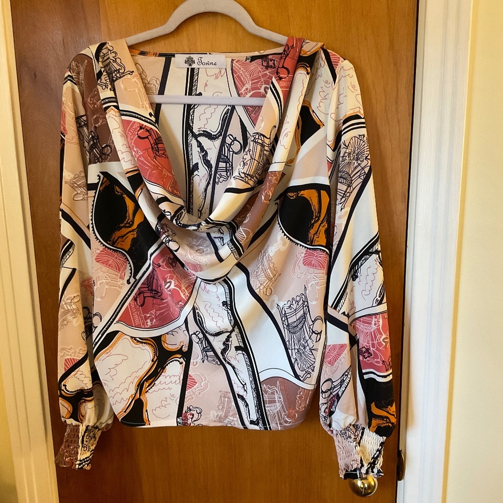 Towne Long Sleeve Pullover Blouse Plunging Drape Neck Sz L